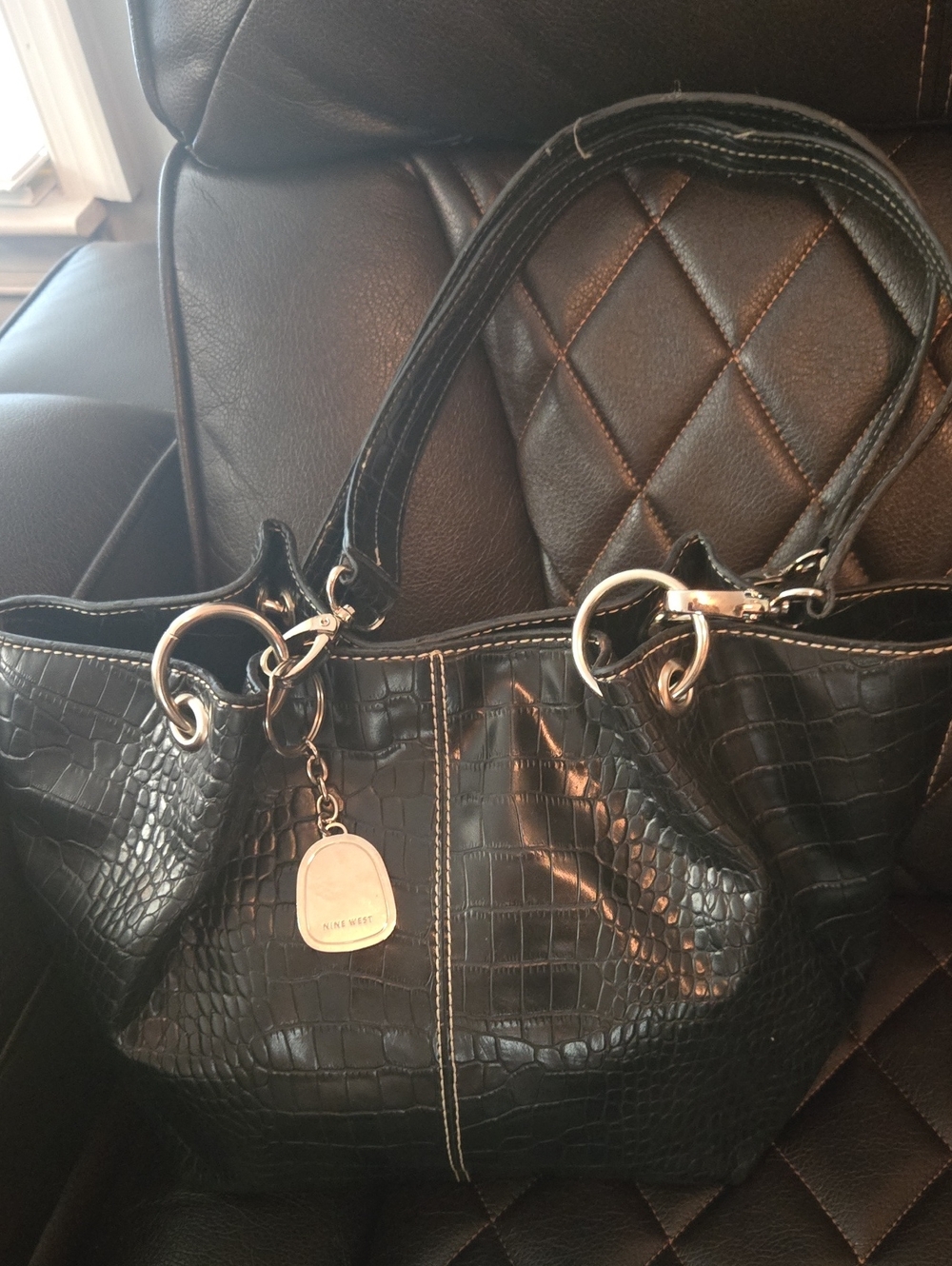 Nine West Black Crocodile Med Tote Handbag with Silver Hardware